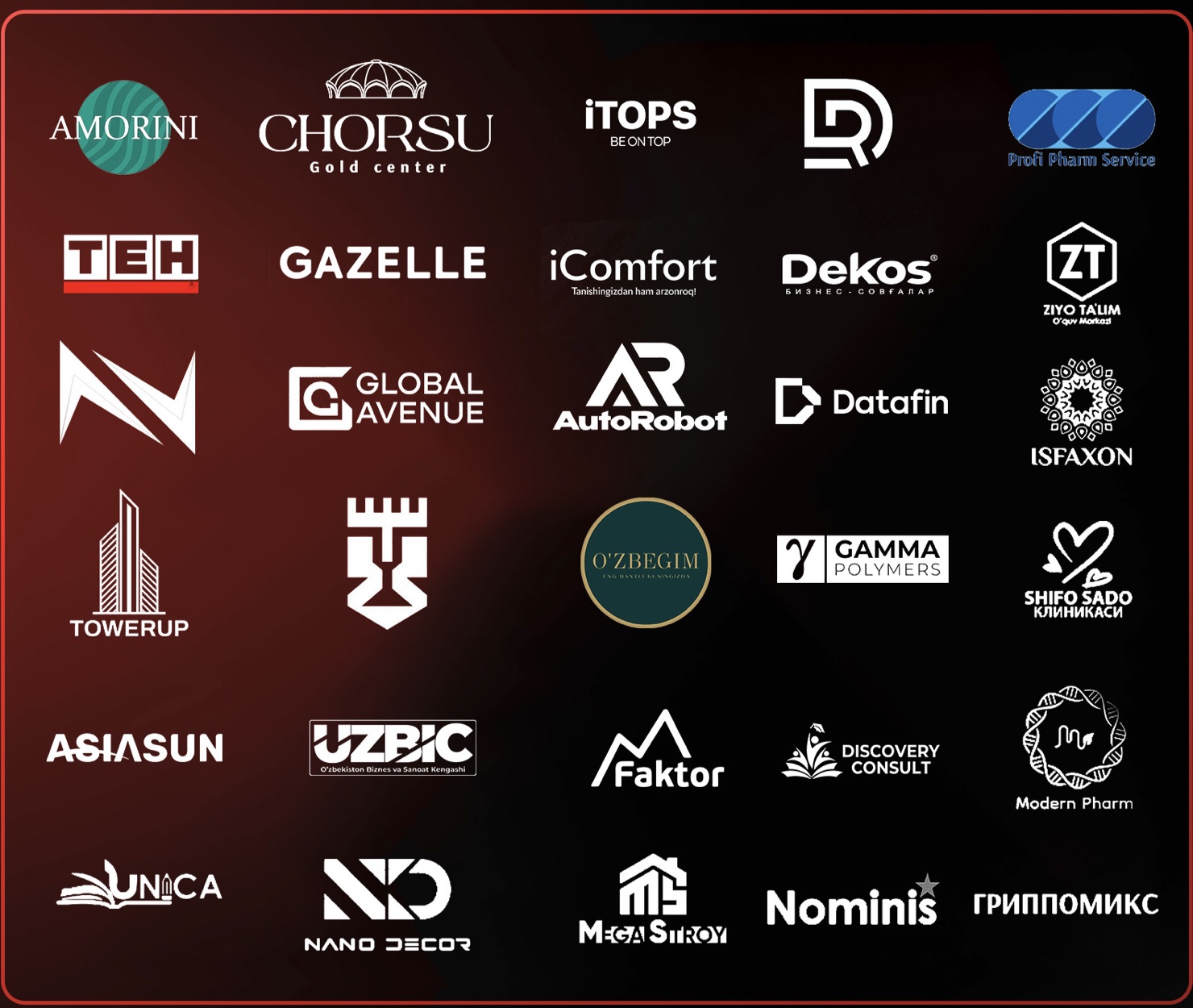 Bizga ishonch bildirgan brendlar: Chorsu Gold Center · iComfort · iTOPS · TEH · Global Avenue · AutoRobot · Express School · TowerUp · UZBIC · O‘zbegim · Dekos · Gazelle · Amorini · Profi Pharm Service · Ziyo Ta'lim · Datafin · Isfaxon · Gamma Polymers · Shifo Sado · Asiasun · Faktor · Discovery Consult · Modern Pharm · Unica · Nano Decor · MegaStroy · Nominis · Grippomiks · Loxen · Greenwich · Educorp · Twins · Parda Tashkent · Bonush Kids · Ferroline · Campus · Beki